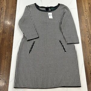 Lauren Ralph Lauren Black and White Houndstooth Long Sleeve Dress